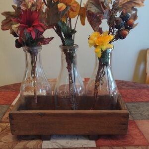 Rustic Brown Wooden Tray with Vintage Glass Milk Bottles Iron River Creamery